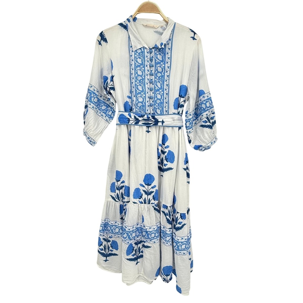 Jaipur Morni Floral Block Print Midi Dress Womens XXL White Blue Boho Belted
